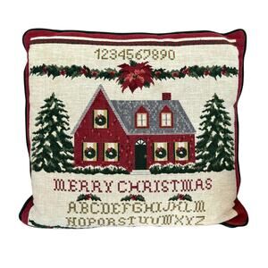 Vintage Christmas Throw Pillow Tapestry Cross-stitched Sampler Alphabet 15x15